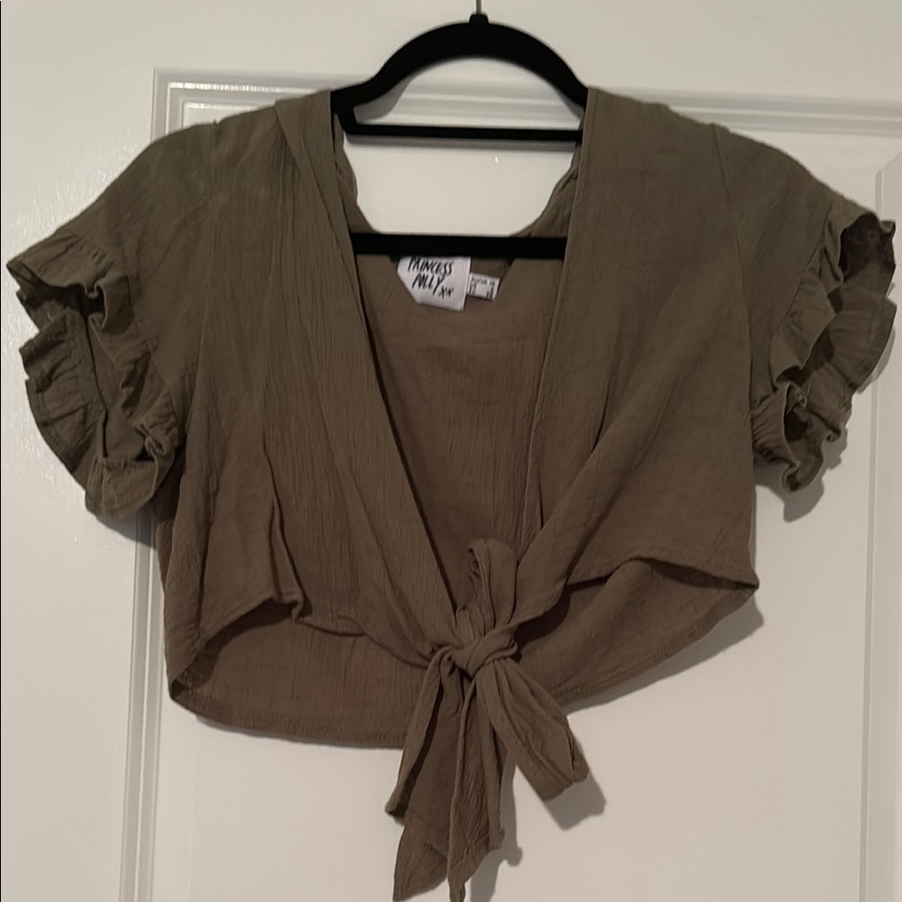 Princess Polly Green Ruffled Tie-Front Crop Blouse